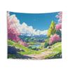 Sakura Valley Tapestry Cherry Blossom Wall Hanging Pink Tree Landscape Wall Cloth Blue Sky Scenery Home Wall Decor