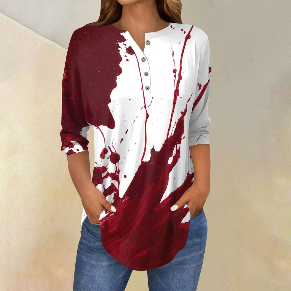 Women's Fashion Loose Button Collar Halloween Print Long Sleeve T-Shirt Top Pullover
