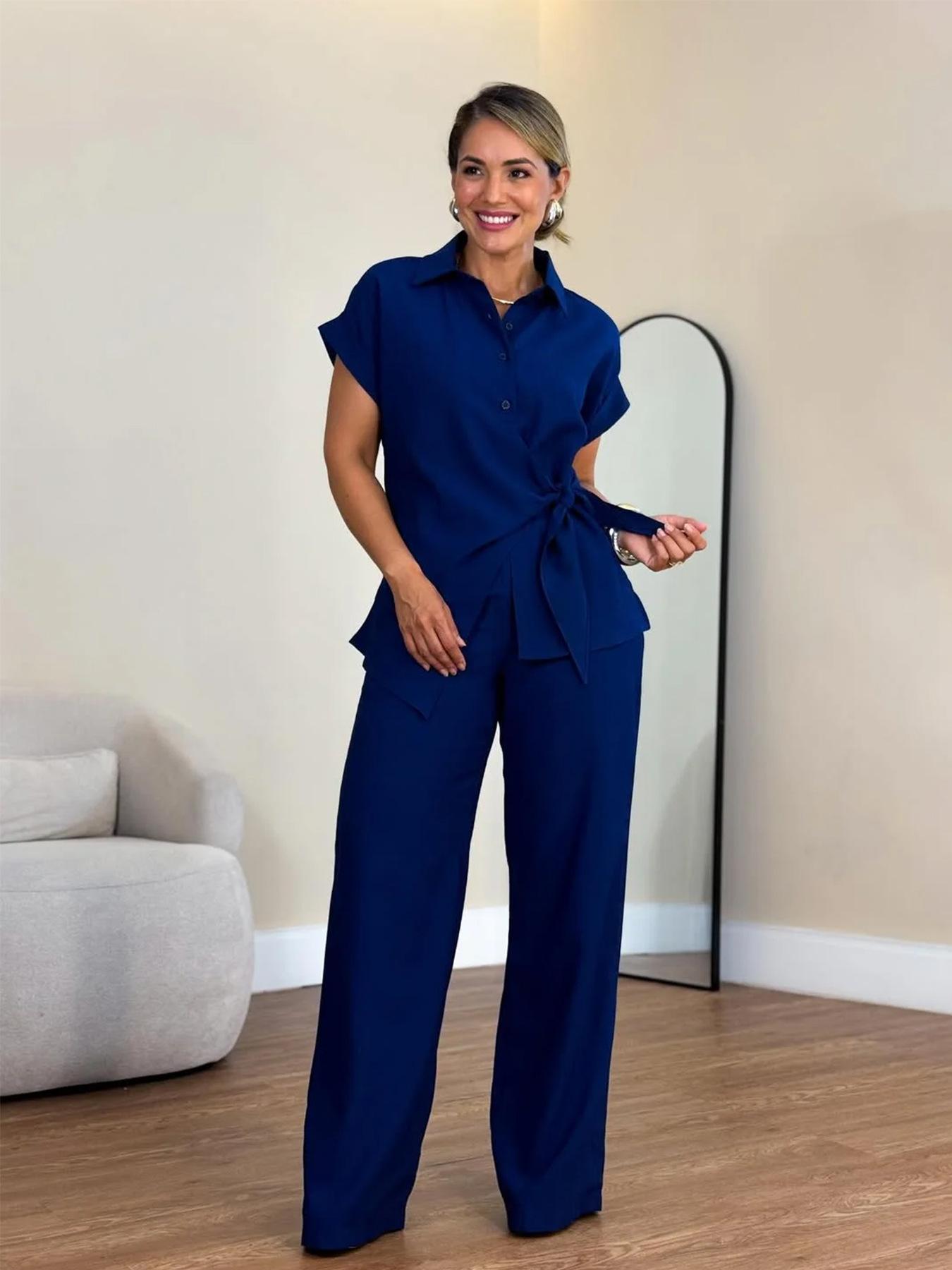 

Women s Short Sleeve Shirt and Wide Leg Pants Set with Tie Waist XXXL синій