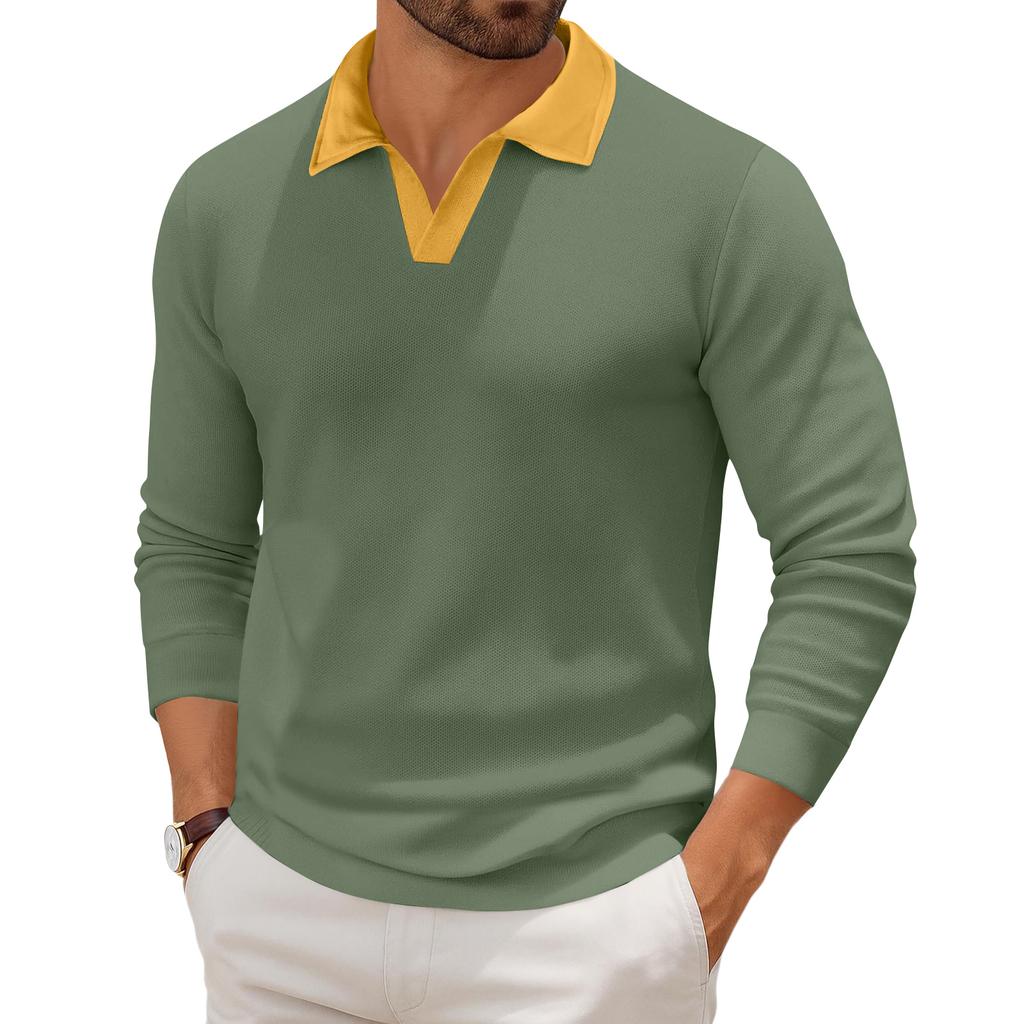 Men's Casual Color-Block Collared Long-Sleeve Knit Base Layer Top