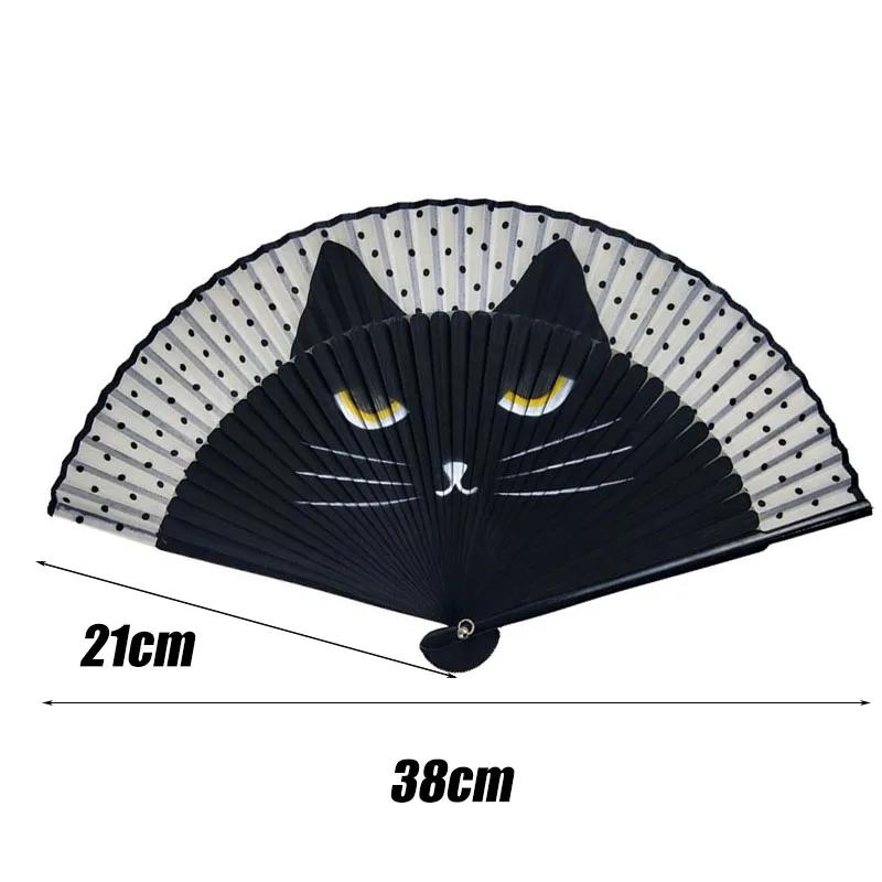 Cute Cat Pattern Bamboo Folding Fan Japanese Style Women Lovely Cartoon Kitten Hand Fans Handheld Fan Crafts Home Decoration