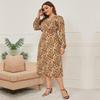 Autumn Winter New Long Sleeve V Neck Slim Fit All Match High Waist Printed Lace Up Women Long Dress