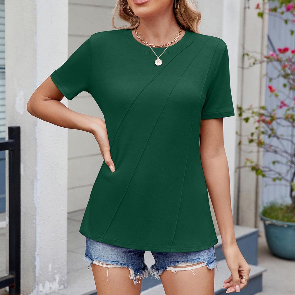 Top de manga corta con cuello redondo, color liso, sexy, cómodo e informal para mujer