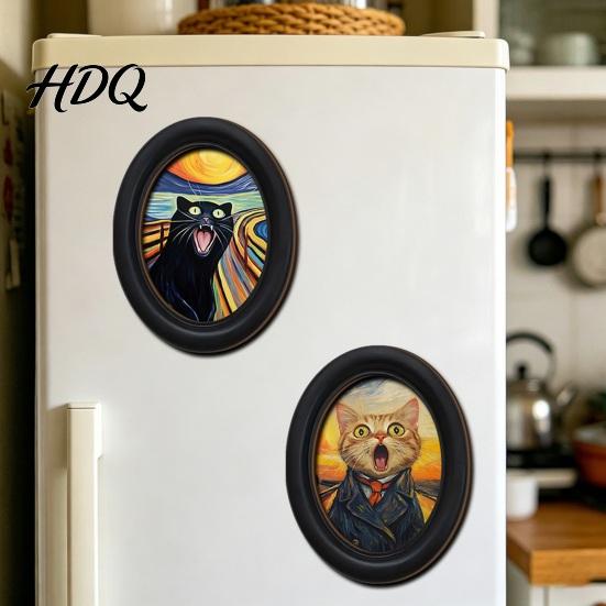 Abstract Expressionist Cat Prints Art Wall Decor Oval 2D Wood Framed Funny Painting Deconstructive Style Print Vintage Ornament for Living