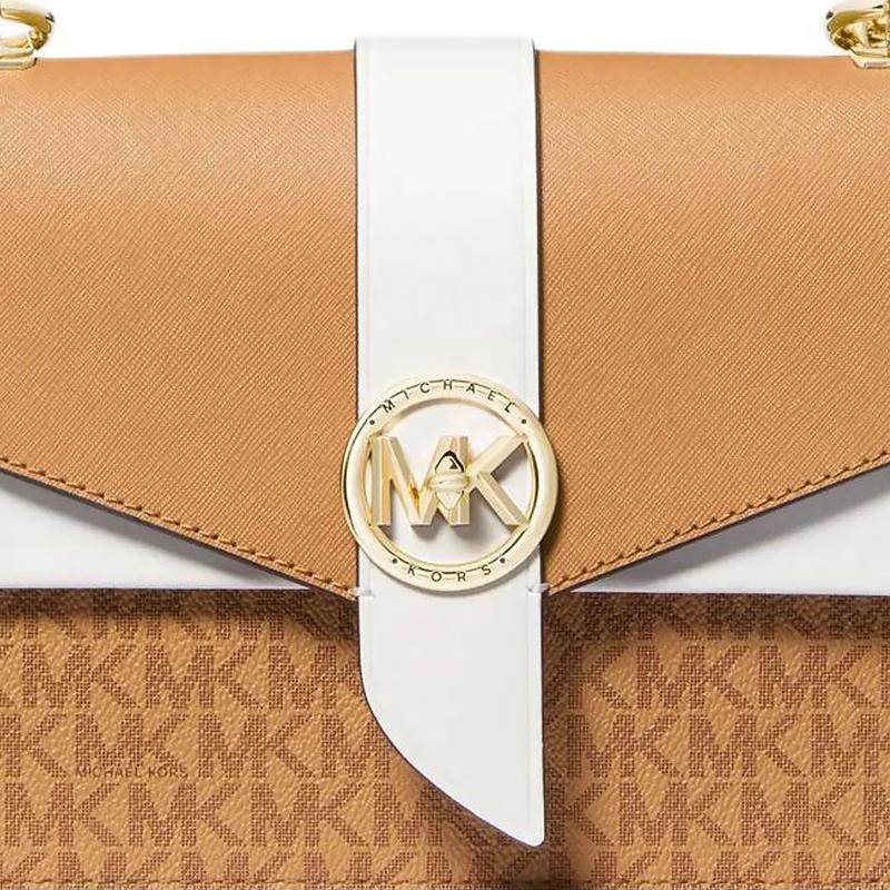 MICHAEL KORS Greenwich Classic Colorblock Logo Coated Canvas Shoulder Crossbody Bag Small Women's Brown and White