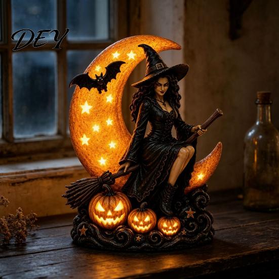 Ornamento da Tavolo Fiaba Oscura Lampada Strega di Halloween, Luce Notturna LED Luna Crescente Gotica, Statuetta con Base Ponderata Lampada Decorativa Spettrale per