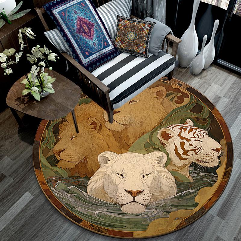 Lions Round Area Rug,Carpet Rug for Living Room Bedroom Sofa Playroom Decor,Non-slip Floor Mat