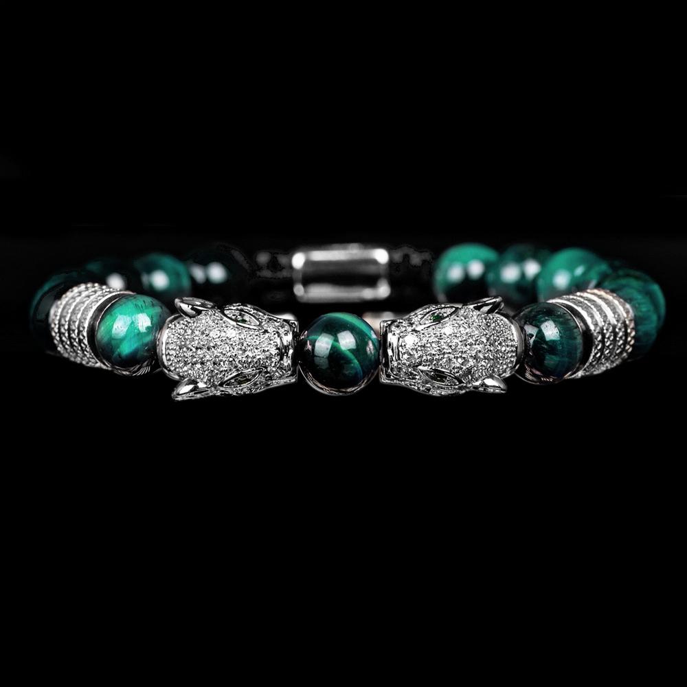 New Trend Double Leopard Head Handmade Tiger's-eye Bracelets  Accessories Handmade Men's Jewelry Pulseras Homme