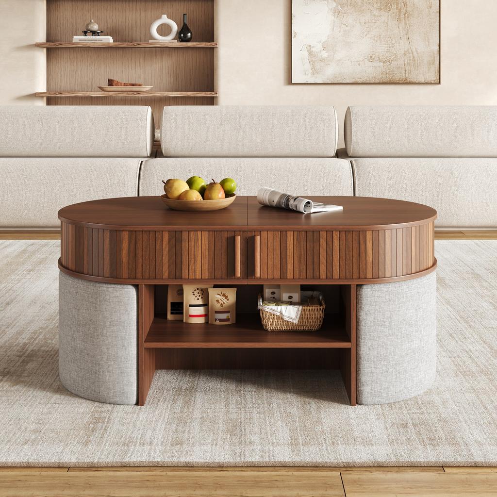Oval storage coffee table with vertical fluted panelling, set with fabric stools, body made of particleboard+MDF, metal handles, with sliding doors