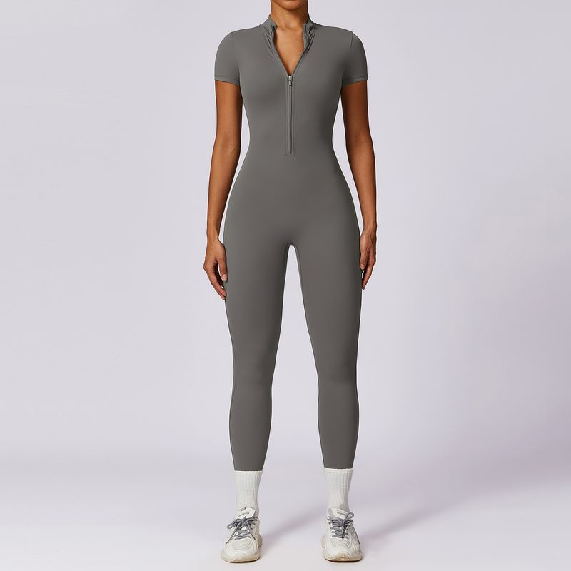 SK * IMS Kardashian Same Style Jumpsuit Zipper Short Sleeve Yoga Jumpsuit Women's Fitness Sports One-Piece Bodysuit