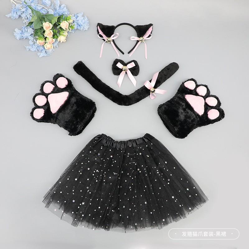 Handmade Cat Ear Headband Set With Paw Gloves Tail Kids Costume Party Animal Role Play