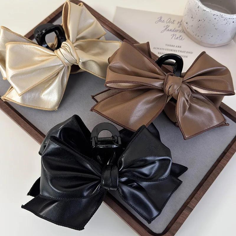 Retro Leather Stripe Bow Hair Claw Headband Womans Elegant Hair Pins Large Shark Clips Female Fashion Barrettes Hair Accessories