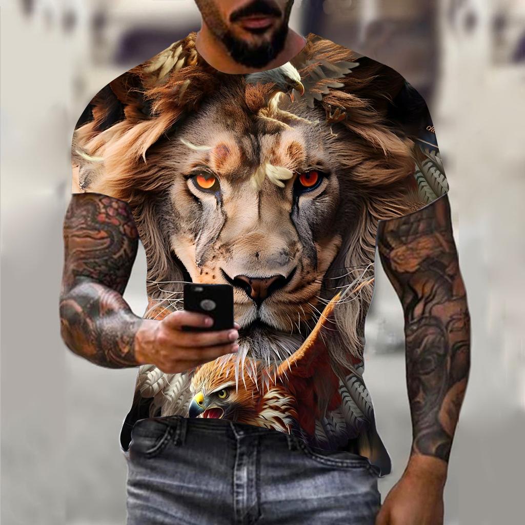 Summer Round Neck 3D Eagle Print Top Fashionable Casual Short Sleeved Men's T-shirts