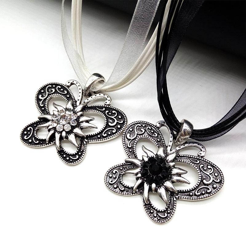 New Vintage Butterfly Necklace Jewelry Fashion Popular Retro Bohemia Style Ribbon Rope Chain Crystal Flowers Pendant Necklace