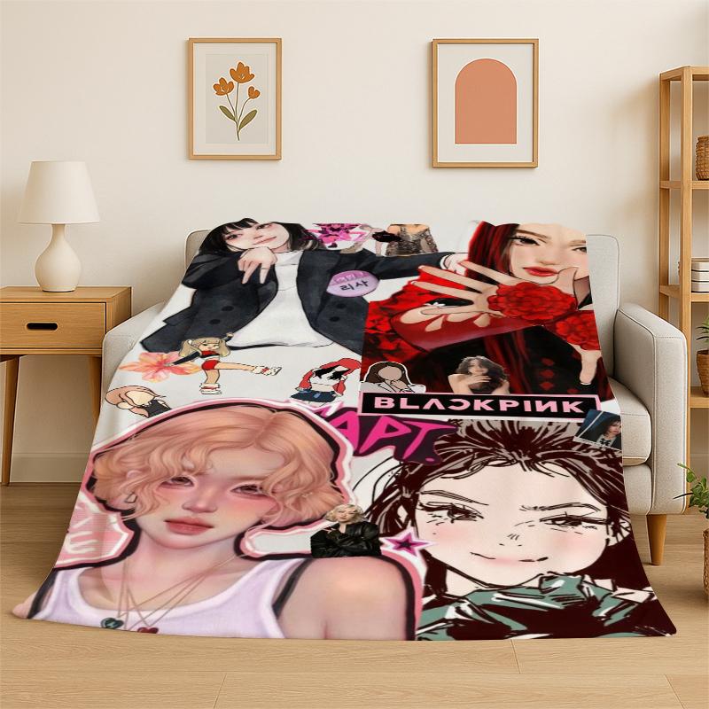 Fashion B-Black P-Pink Kpop Star Flannel Blanket Soft Warm Throw Blanket for Bedroom Living Room Bed Travel Camping Picnic Kid