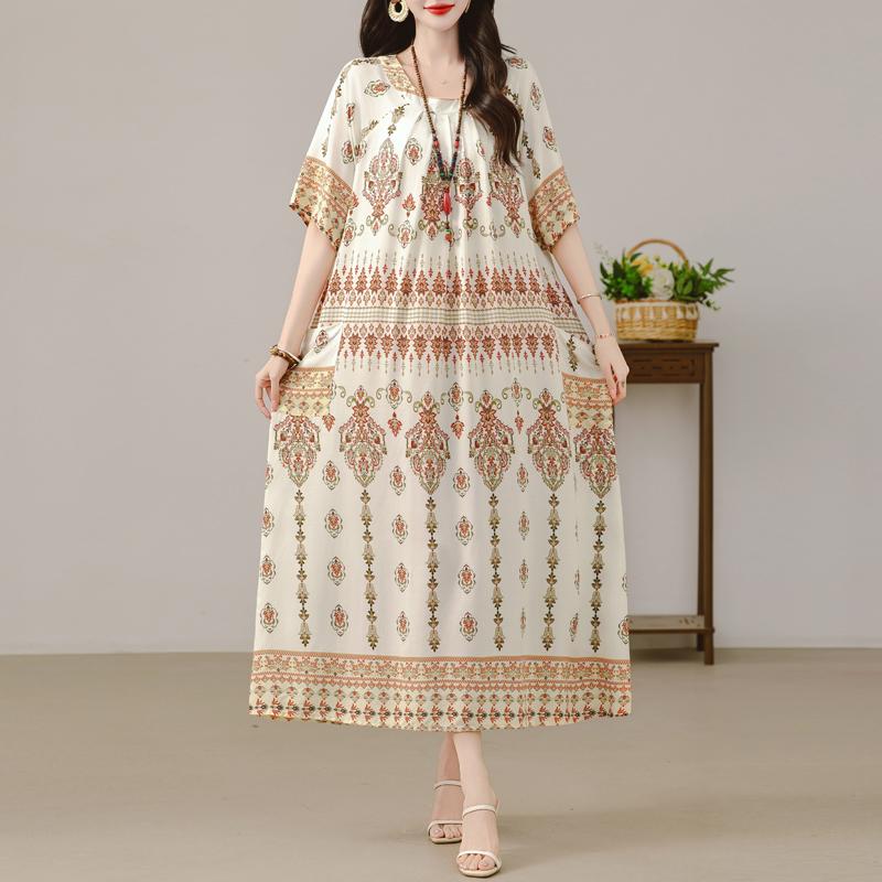 Women's Plus Size Maxi Dress, Boho Print Loose Short Sleeve Casual Dress with Pockets (XL-5XL)
