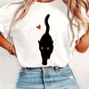 Women'S Vintage Black Cat & Red Heart Graphic T-Shirt - Soft White Casual Short Sleeve Round Neck Tee with Cute Kitten Face
