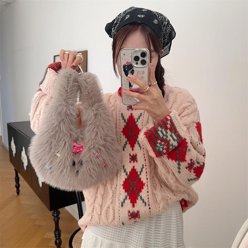 221 Winter new fashionable cute plush puppy handbag student shopping portable tote bag