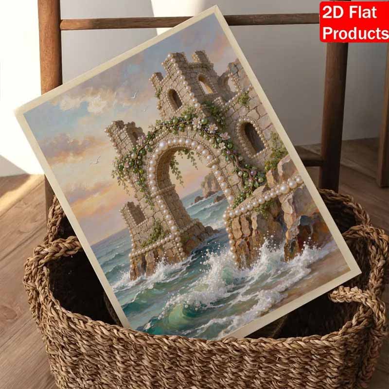 DIY Framed Pearl Painting Kit Pearl Castle Seaside Arch Ocean Waves 3D Sparkling Bead Art Canvas Home Decor Gift