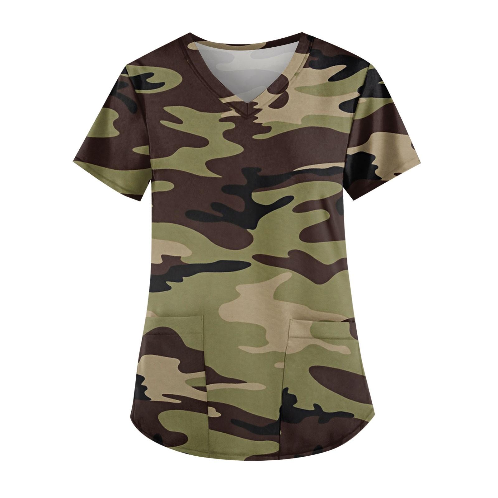 

Жіночі модні повсякденні камуфляжні принтовані топи з V-подібним вирізом і кишенями Робочий одяг XXXL коричневий