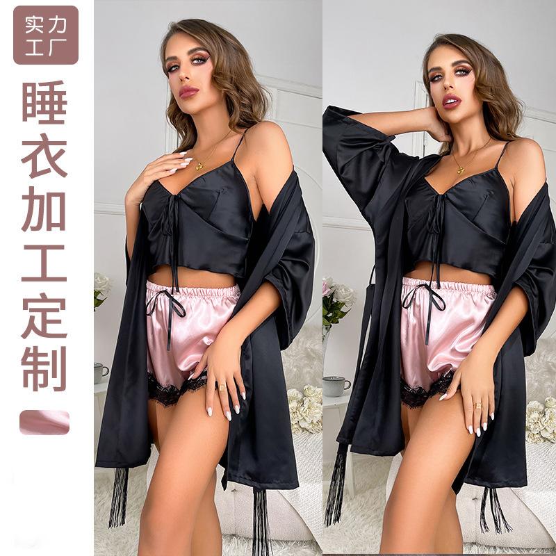 Women's Sexy Ice Silk Breathable Pajamas Set V-neck Sling Short Top/shorts Lightweight 3 Pcs Home Set Casula Stylish Soft Comfortable Sleepwear Set