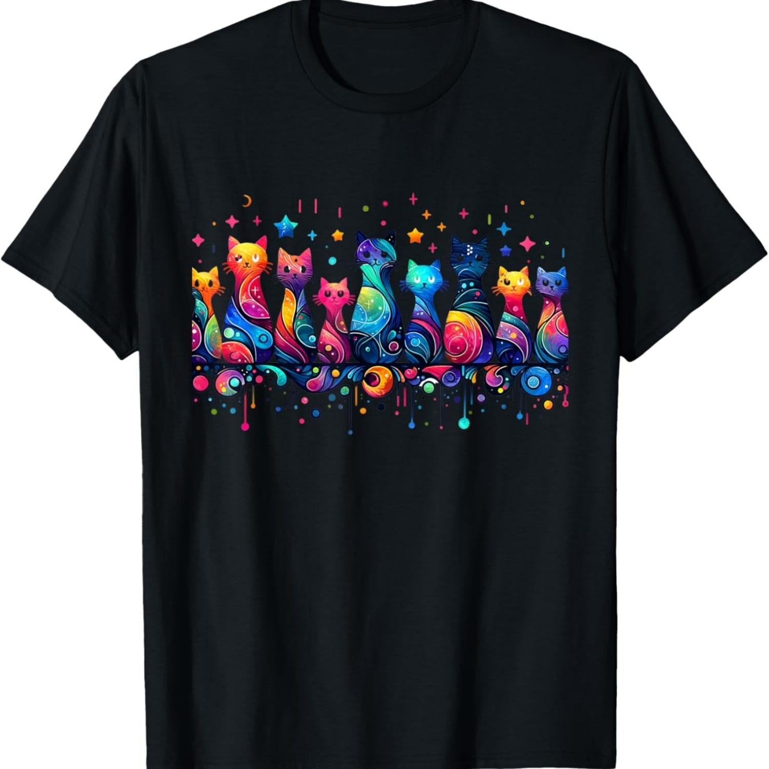 80s Colorful Kitten Lover Artwork Decor Cute Art Cat Men Women Kids T-Shirt S чёрный