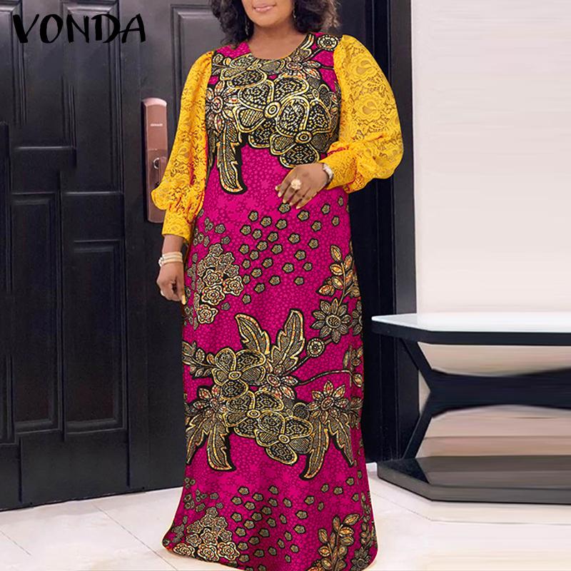 

VONDA женское свободное длинное платье больших размеров с круглым вырезом и длинным рукавом в стиле пэчворк с принтом