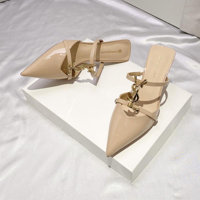 Patent Leather Metal Letter Bag Head Half Slippers Women Wear High Heels Summer New Thin Heels Pointed Fashion Vs