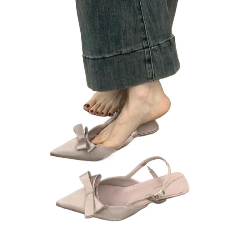 Hot Selling Women's High Heel Sandals 2025 Pointed Toe Slip-On Butterfly Knot Thin Strap Buckle Leather Fashionable Outdoor Wear