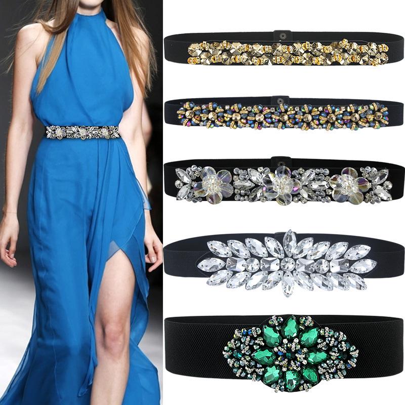 

Women s Rhinestone Flower Elastic Waist Belt