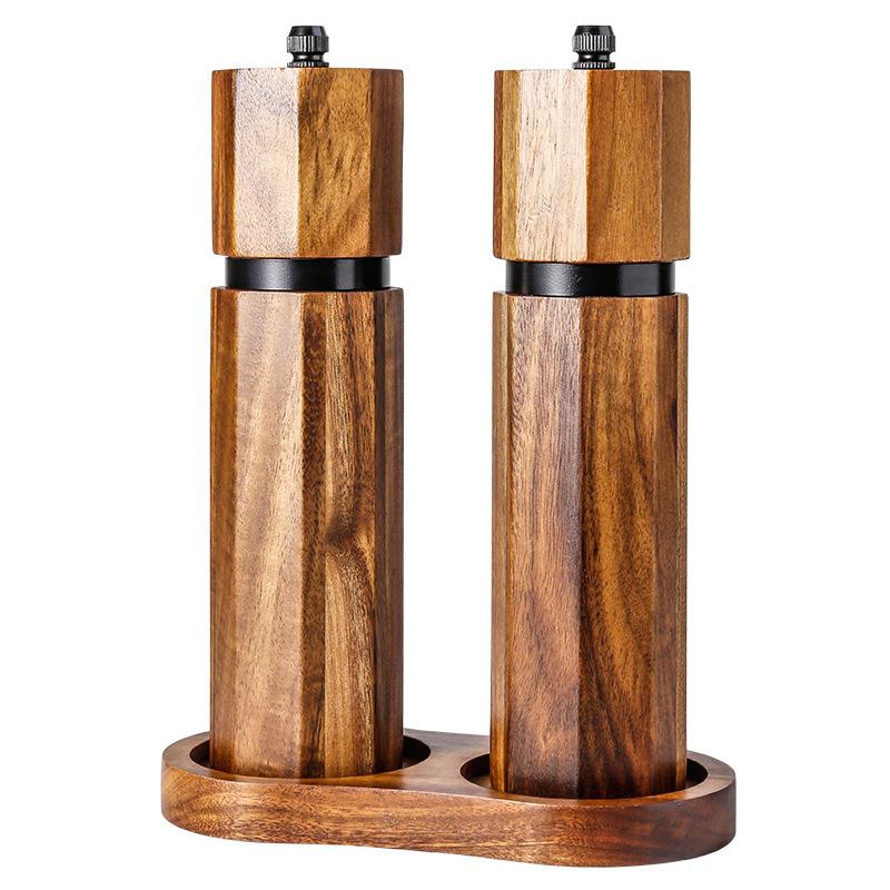 European-style Acacia Wood Pepper Grinder with Ceramic Core and Steel Ring Coarse and Fine Manual Grinder Set Kitchen Accessory