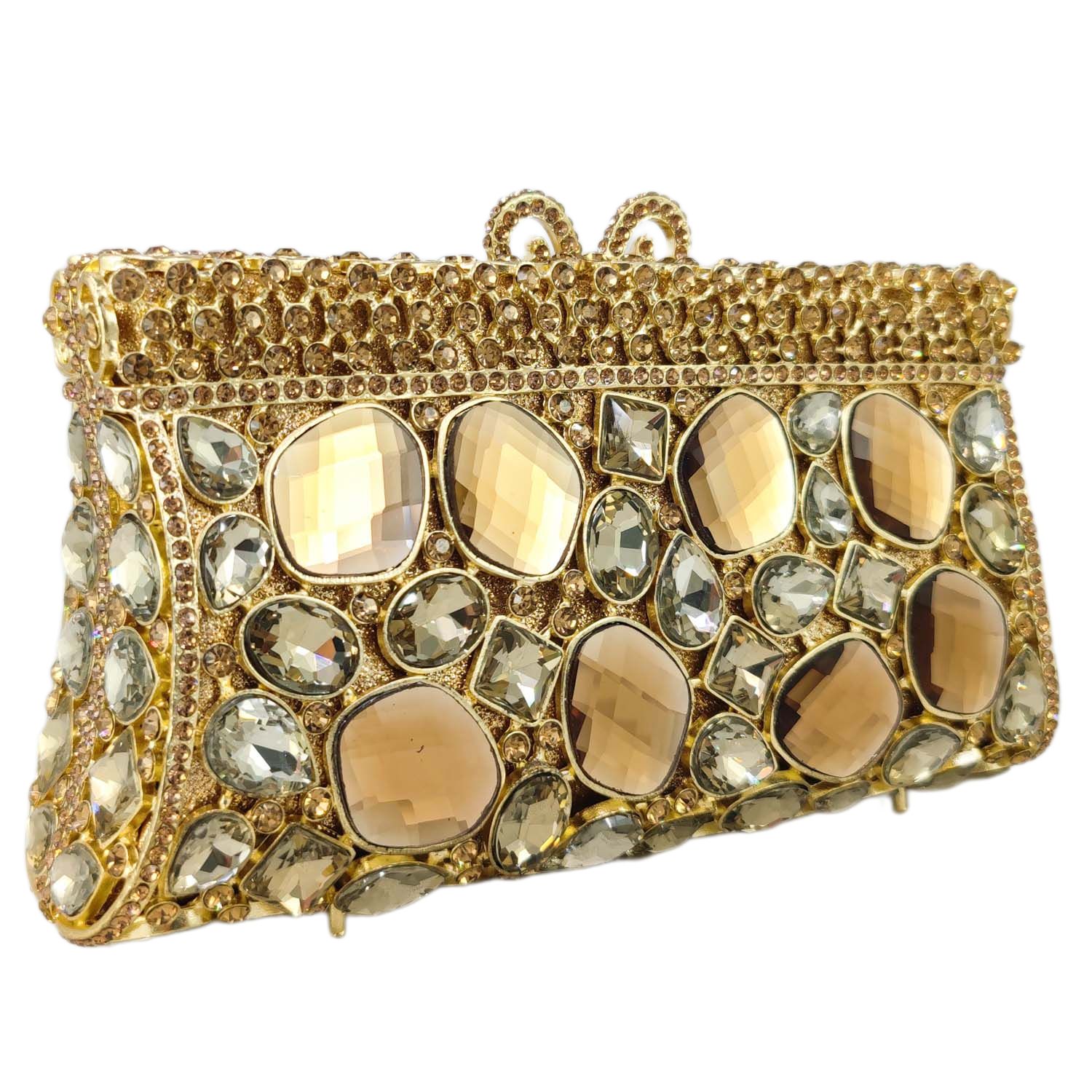 

Boutique De FGG Big Gems Women Brown Crystal Clutch Bags Formal Party Rhinestone Evening Handbags and Purses Bridal Wedding Bags Mini and Heavy
