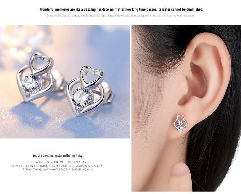 S925 Sterling Silver Korean Heart Stud Earrings with Zircon for Women
