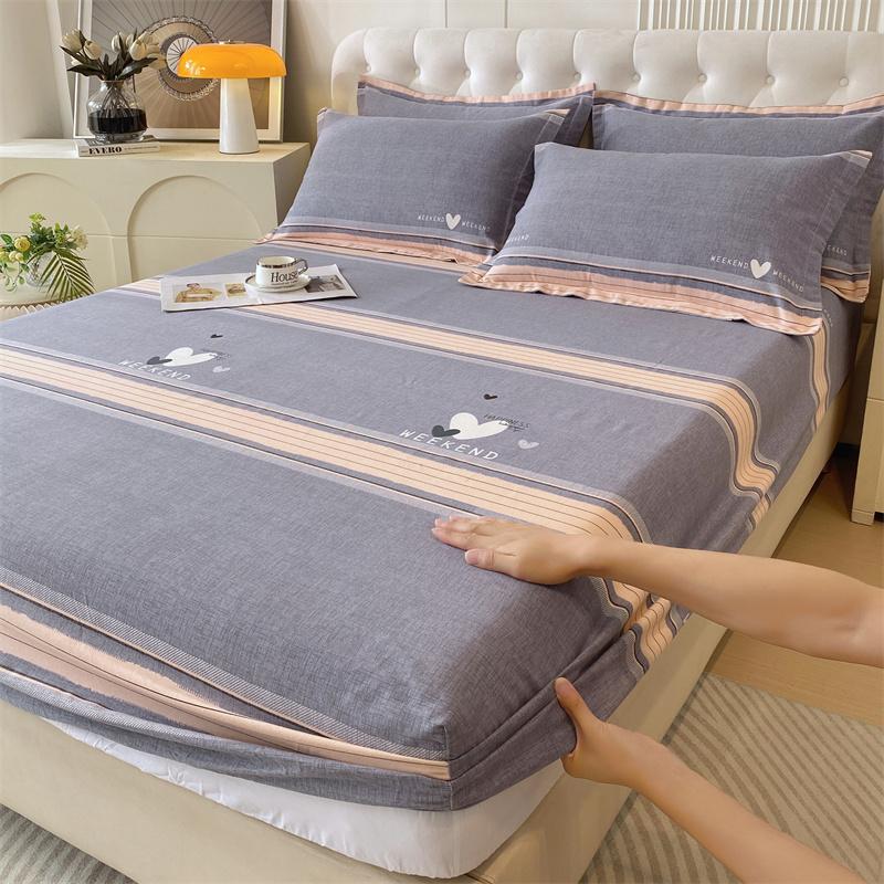 Classic Floral Pattern Fitted Sheet Set 100% Cotton Thickened Fitted Sheet Soft Skin-friendly Mattress Cover with 2 Pillowcases