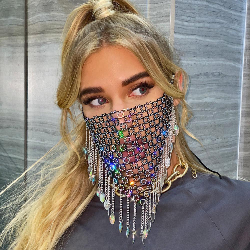 European-American Fashion Rhinestone Tassel Mesh Mask for Nightclub Parties