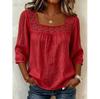 Dames Zomer Vierkante Hals Kantafwerking Top – 3/4 Mouw Katoen Linnen Blouse, Effen Kleur Casual Shirt