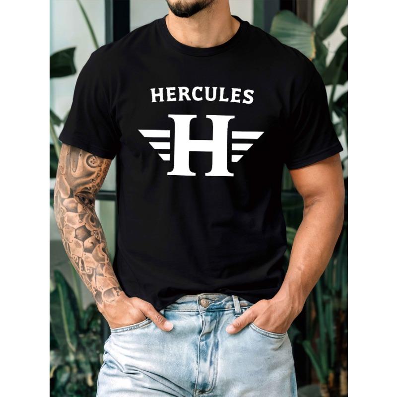 

European sizes HERCULES with Bold H Men s Casual Short-sleeved Round Neck T-shirt, Micro-elastic Knitted Fabric, Printed T-shirt, Regular Fit S чёрный