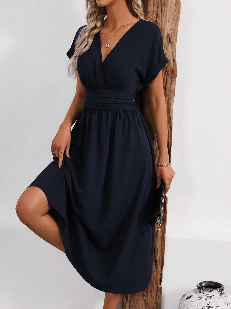 Women's Elegant Summer V-Neck Batwing Sleeve Dress with Pleated Waist