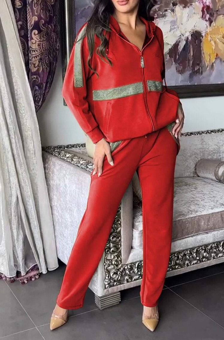 

2025 European and American Autumn/Winter Casual Color Block Hooded Patchwork Two-Piece Set Large красный