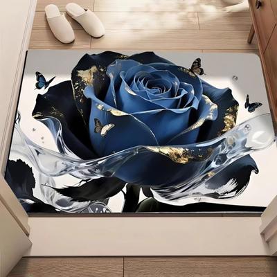 Yousheng 3D Rose Floor Mat Flower Pattern Non-Slip Bath Mat Realistic Rose And Butterflies Bathroom Rug for Entrance Bedroom Living Room