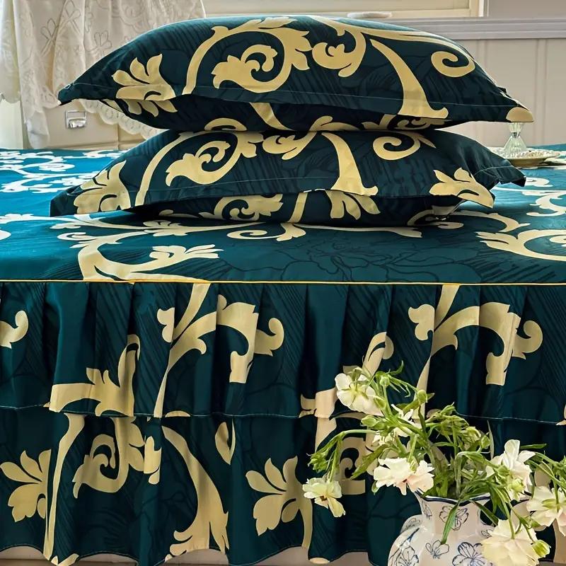 Letní Nový Zelený Květinový Vzor Retro Styl Sada Postelové Sukně 3ks Pohodlné Ložní Prádlo Luxusní Princeznovské Sukně Protiskluzová Postelová Sukně 1ks+1ks Povlaky na Polštáře