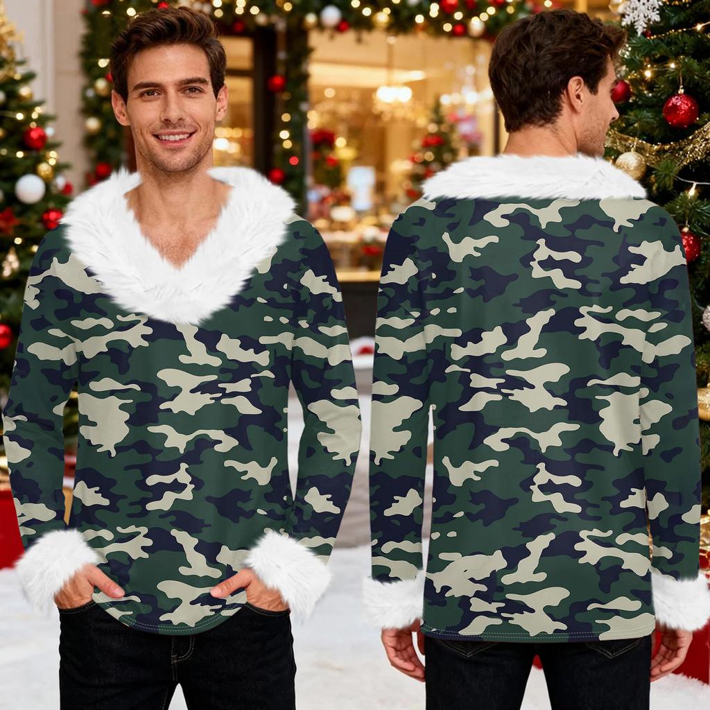 Men's Christmas Printed Fleece Lined Hoodie | Faux Trim Party Sweatshirt With Pocket | Plus Size Loose Fit Holiday Pullover