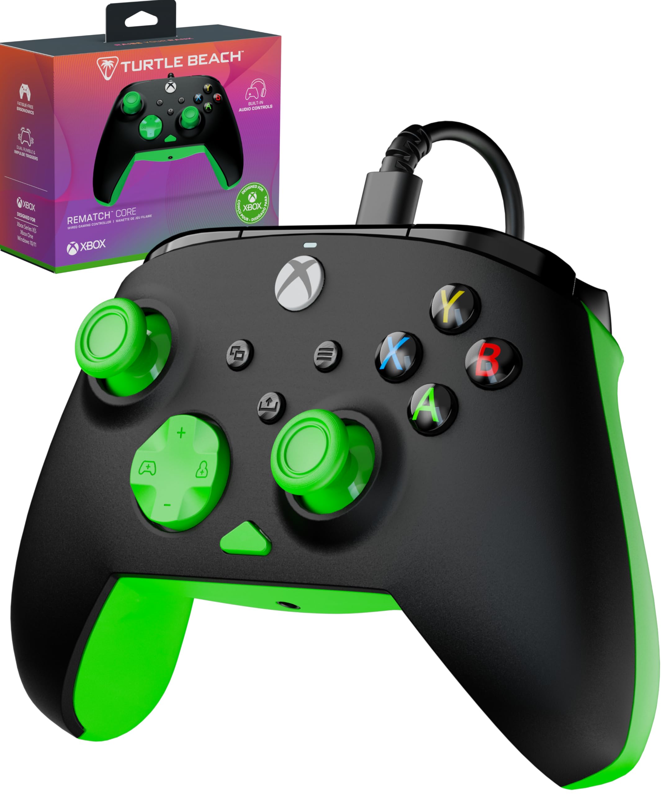 

КОНТРОЛЕР TURTLE BEACH Rematch Core Чорний Зелений Провідний USB Офіційно Сумісний з Xbox Series Мікшування чату Мікрофон з вимкненням звуку Ергономічний 6 років гарантії виробника