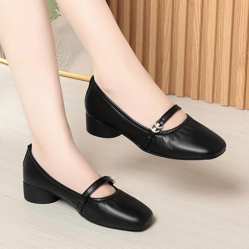 3cm Fashion Breathable Comfortable Shallow Mary Janes Women's Flats 2025 Fall Block Heels Soft Leather Shoes for Office Mom