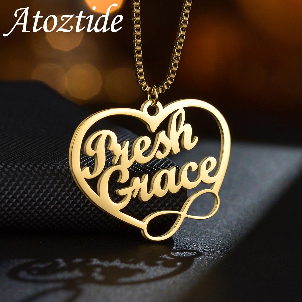 Atoztide Personalized Custom Name Necklaces for Women Unlimited Heart Pendant Stainless Steel Link Chain Christmas Jewelry Gift