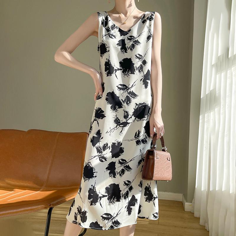 Silk Satin Women's V-neck Print Spaghetti Strap Maxi Dress - Summer 2025 Collection