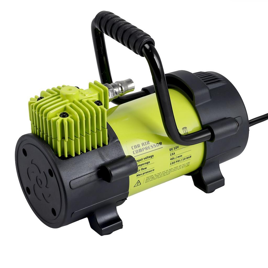 Kompresor powietrza tłokowy 12V, 10 BAR, wąż spiralny 400 cm z analogowym ciśnieniomierzem, 4 adaptery