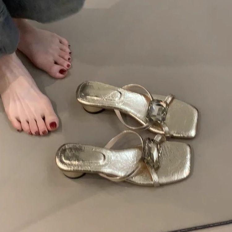 New French High-end Large Rhinestone Square Head Stiletto High Heels Women's Sexy Patent Leather Open-toed Round Heel Slippers