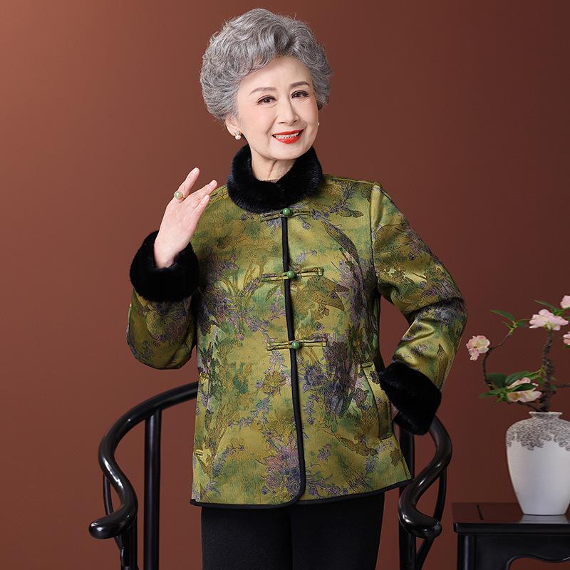 Women's Fleece-Lined Tang Suit Jacket: Winter Warmth for Elderly Ladies