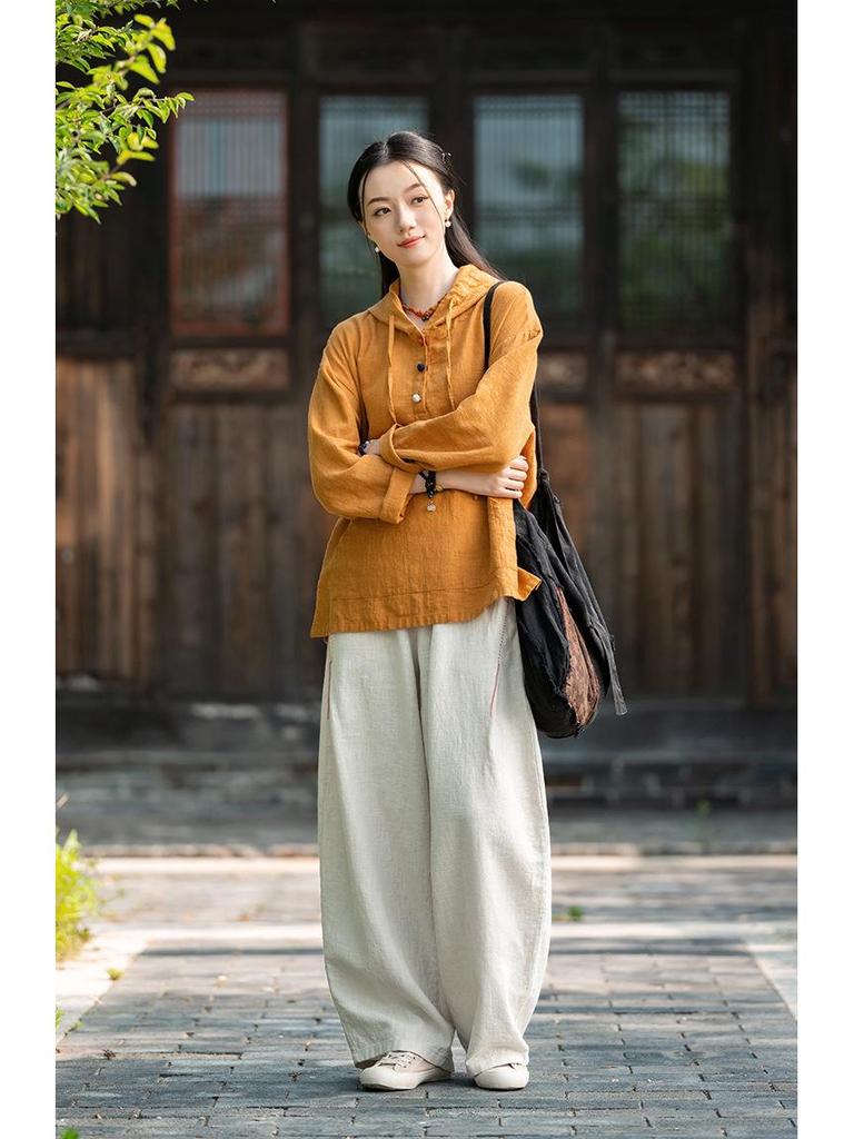 Artistic Retro Women's Long-Sleeved Hooded Linen Pullover Sweatshirt - Loose Casual Washed Cotton Top